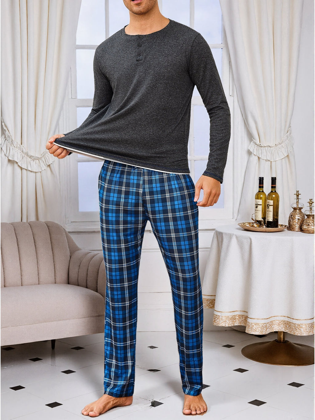 Herren Baumwoll Pyjama Rundhals Set