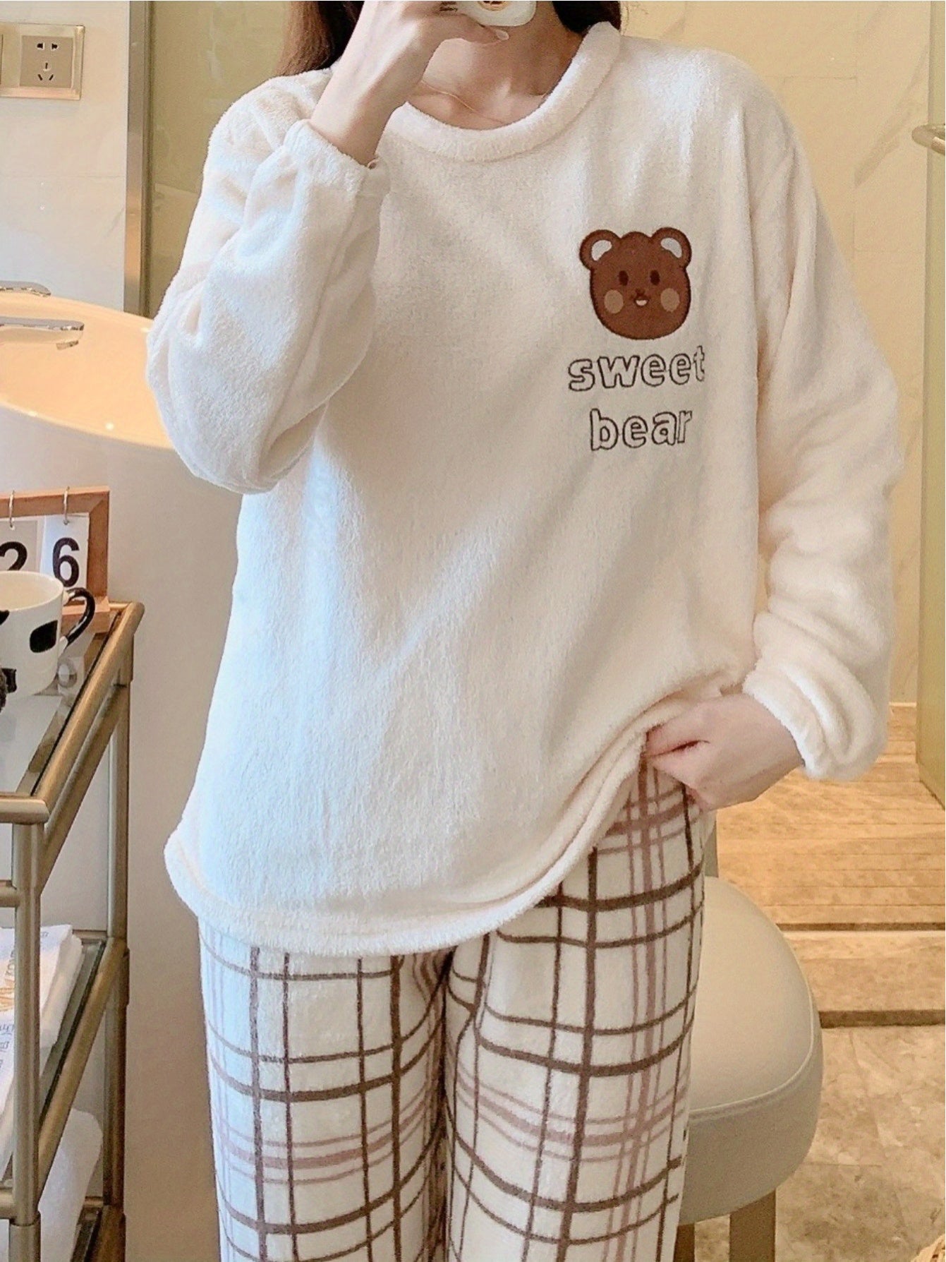 Damen Samt Pyjama Bär Kariert