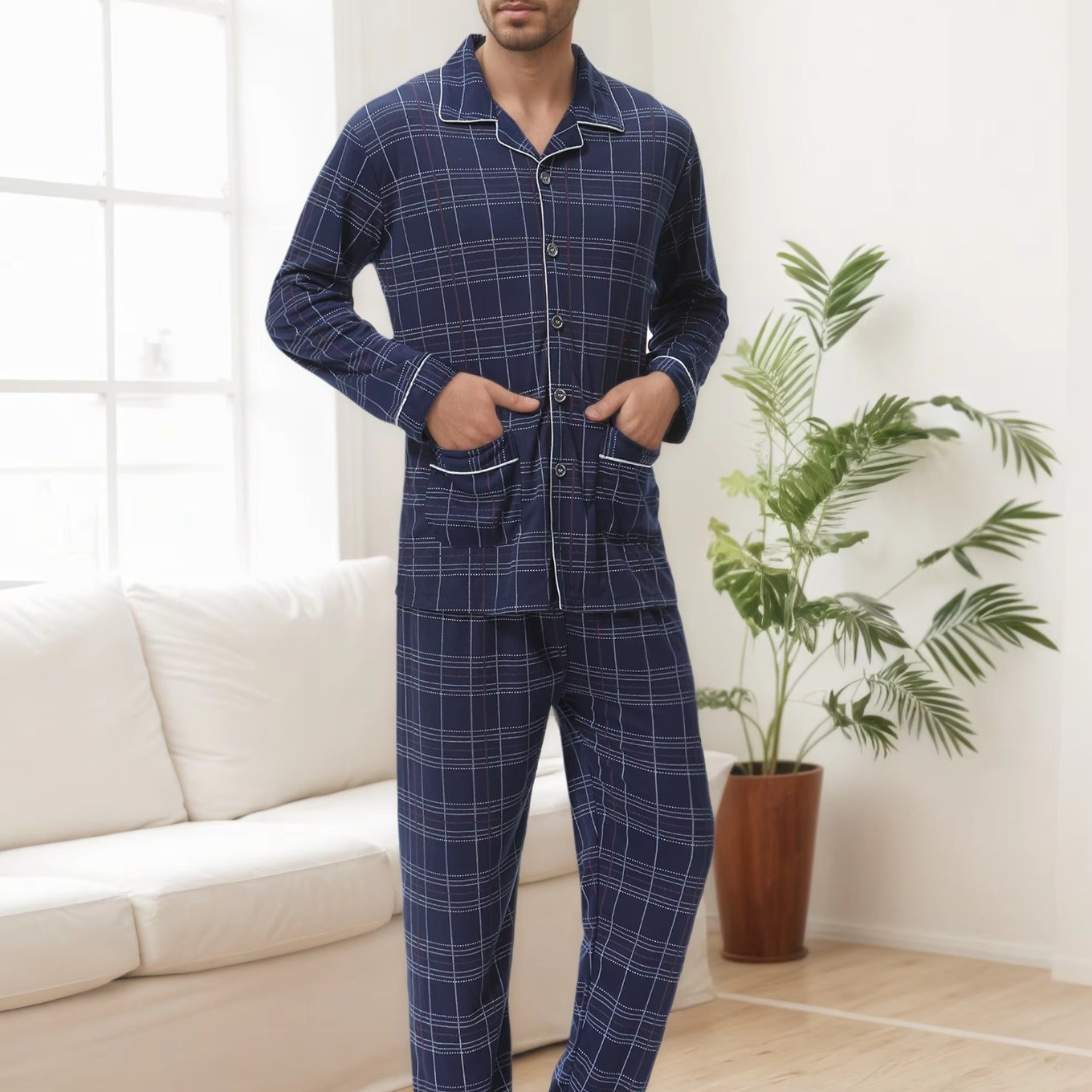 Herren Karierter Pyjama V-Ausschnitt
