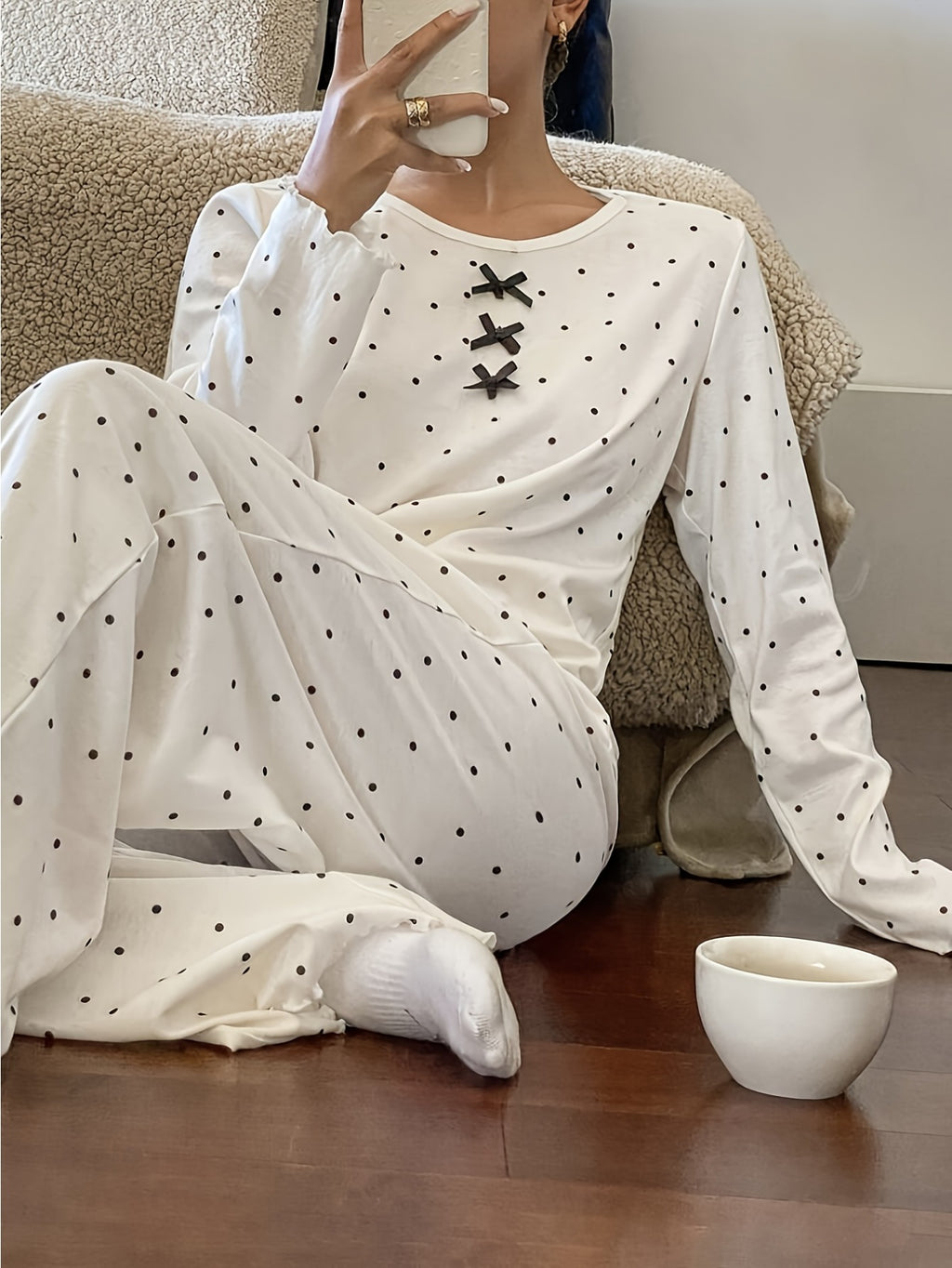 Damen Pyjama Set Spitze Schleife